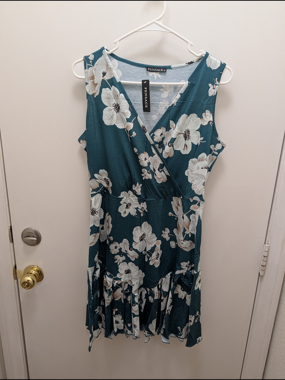 Fensace Floral Teal Wrap-Style Sleeveless Dress
